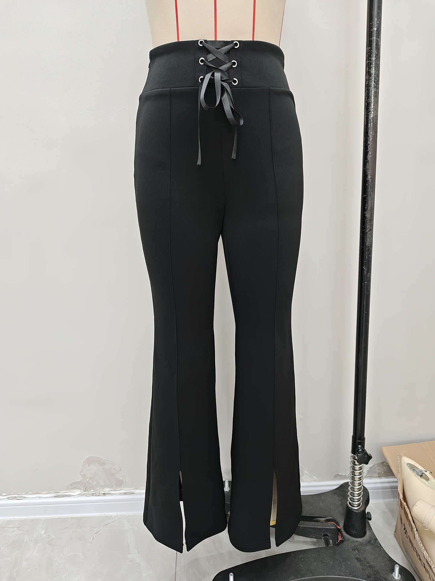Flared Trousers with Lace-Up High Waist and Front Slits
