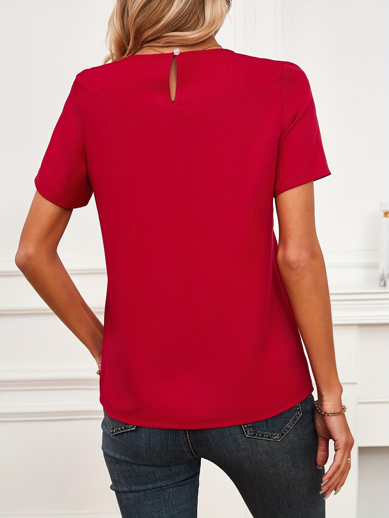 Solid Short-Sleeved Top with Embroidered Lace Neckline