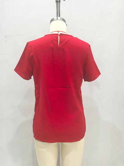 Solid Short-Sleeved Top with Embroidered Lace Neckline