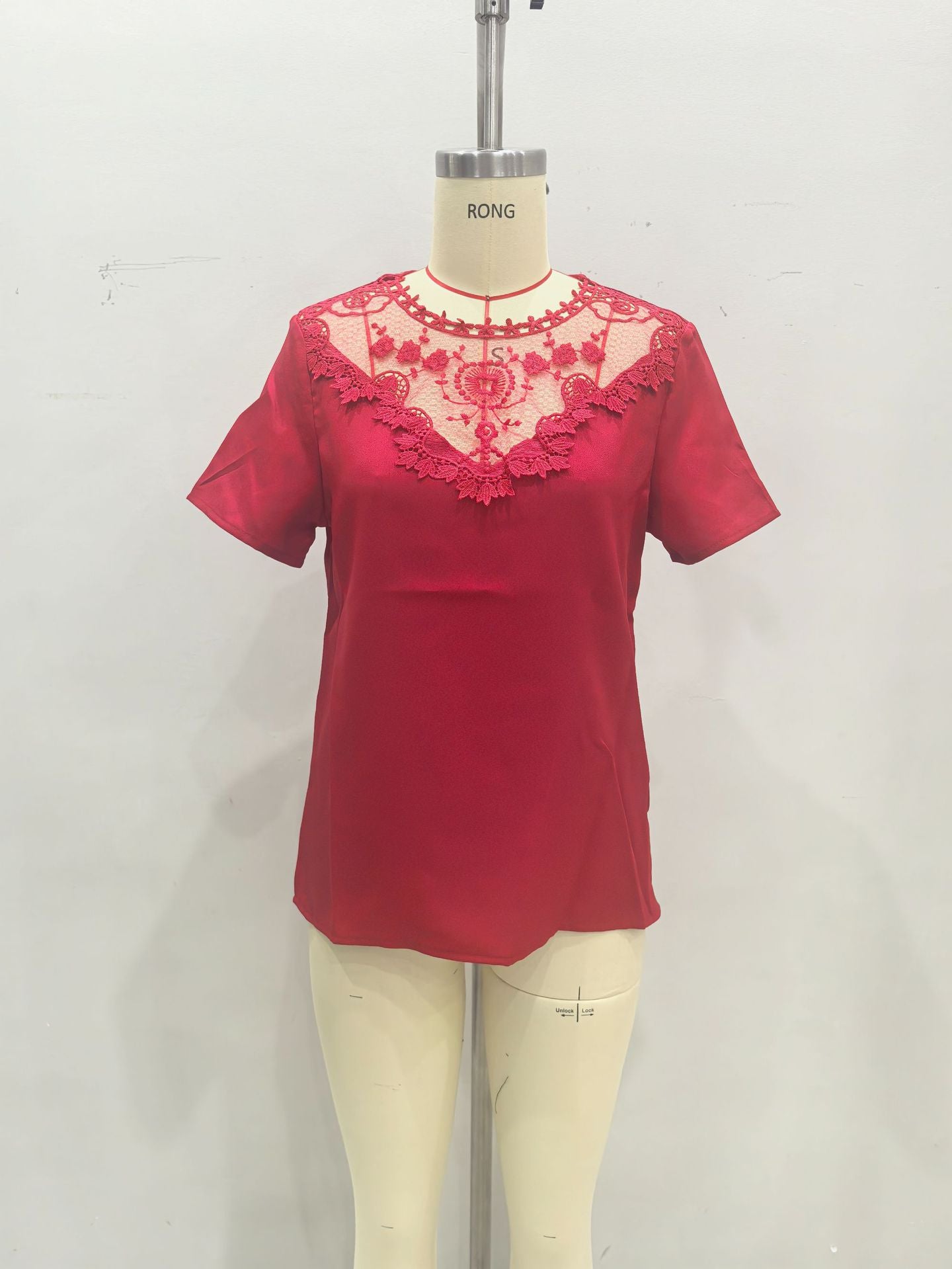 Solid Short-Sleeved Top with Embroidered Lace Neckline
