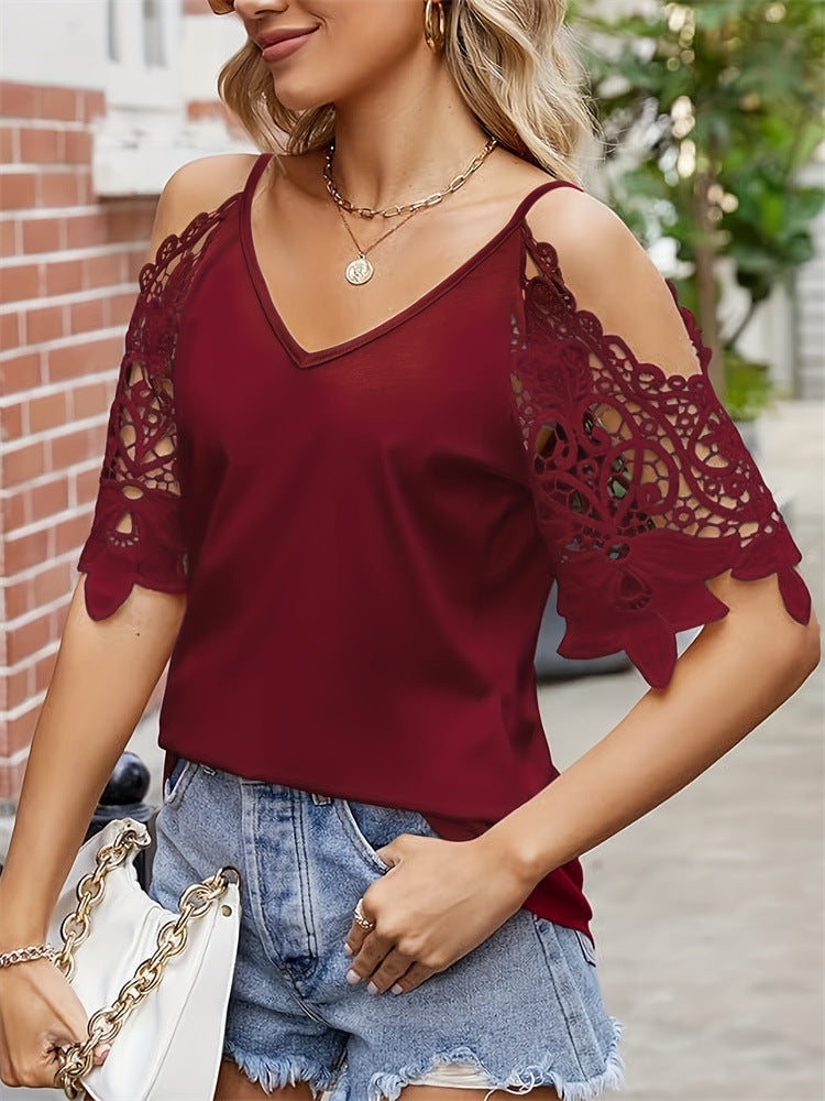 Solid V-Neck Cold Shoulder Top with Lace Sleeves