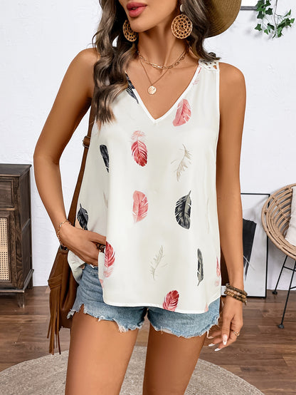 Feather Print Sleeveless Top with V-Neck and Crochet Back