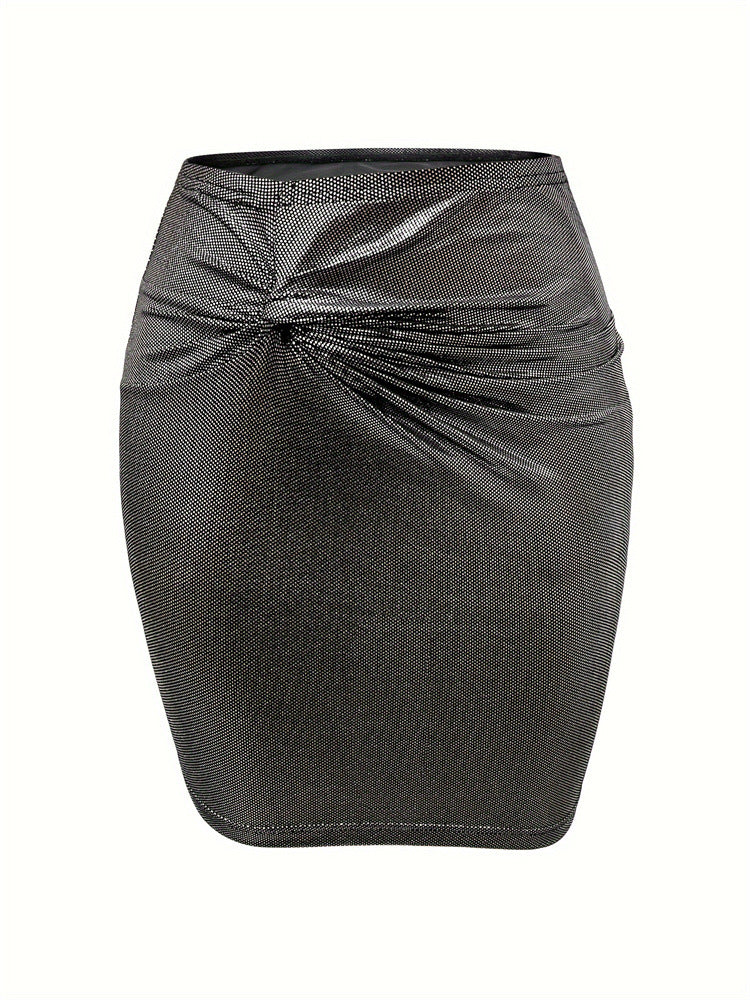 Bodycon Mini Skirt with Metallic Finish and Twist Front