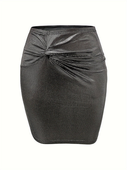 Bodycon Mini Skirt with Metallic Finish and Twist Front