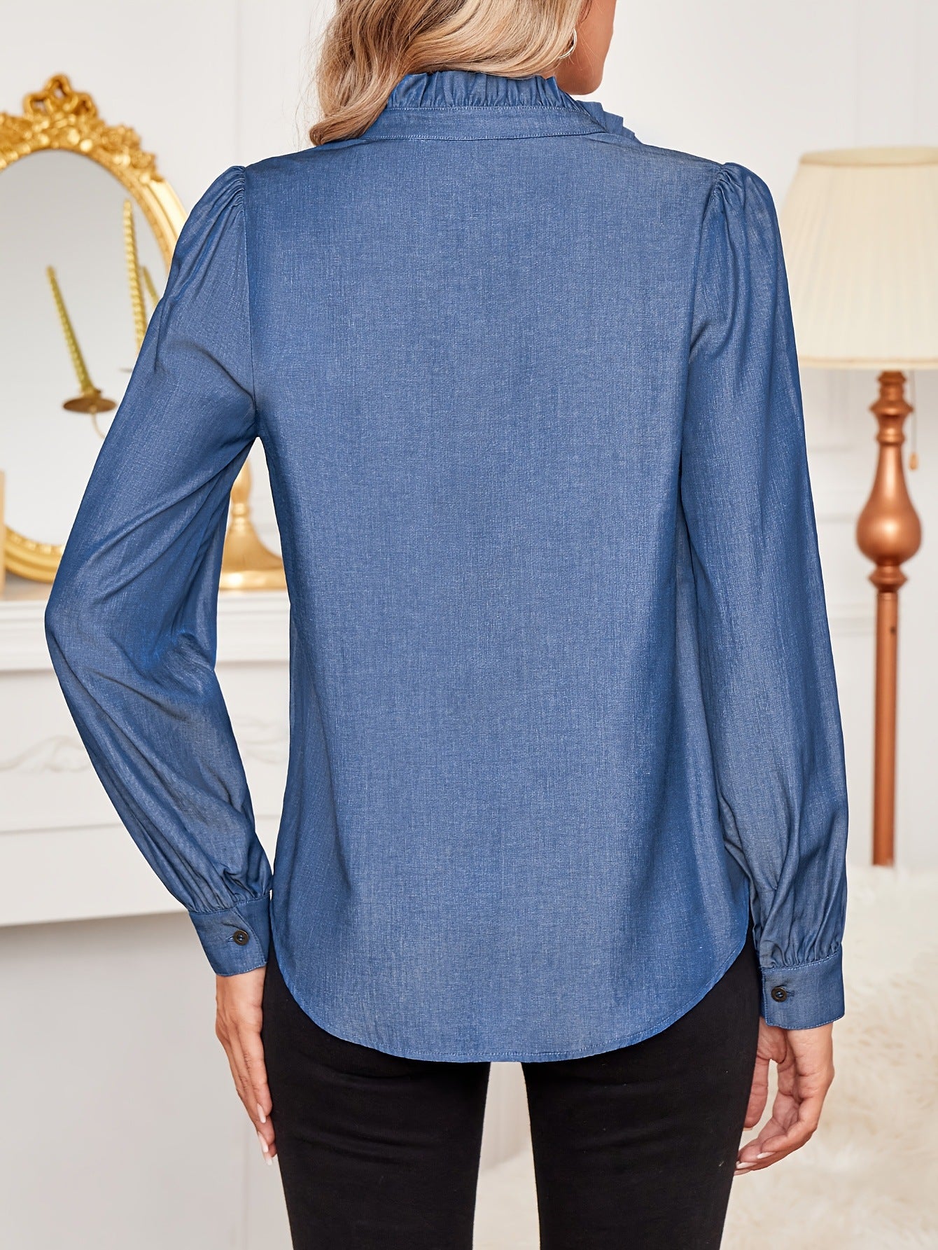 Chambray Button-Down Shirt with Ruffled Collar and Gathered Cuffs