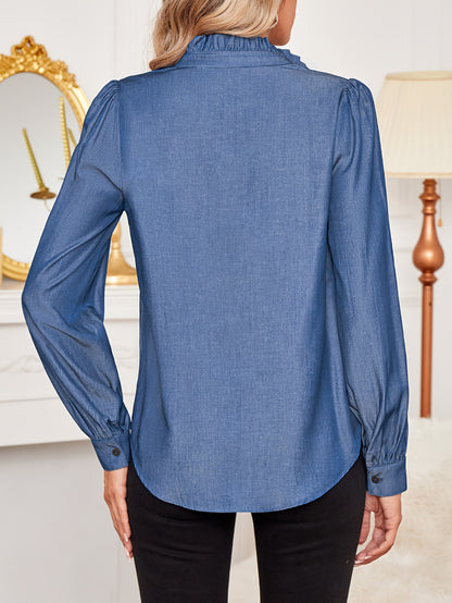 Chambray Button-Down Shirt with Ruffled Collar and Gathered Cuffs