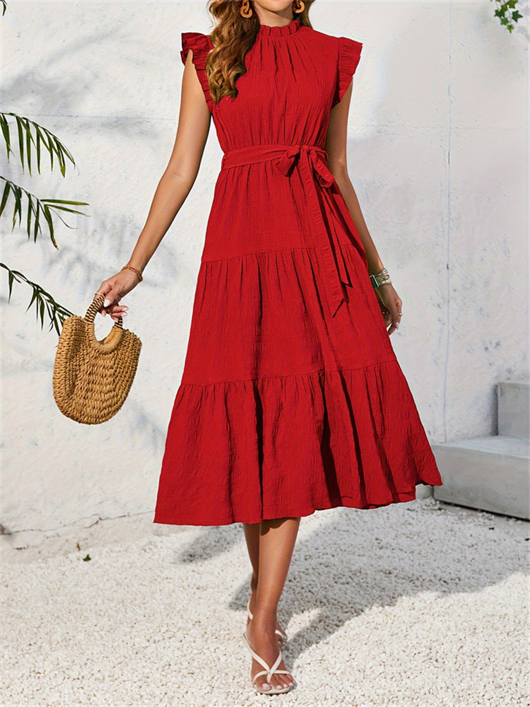Textured Tiered Midi Dress with Ruffled Mock Neck and Tie Waist