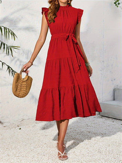 Textured Tiered Midi Dress with Ruffled Mock Neck and Tie Waist