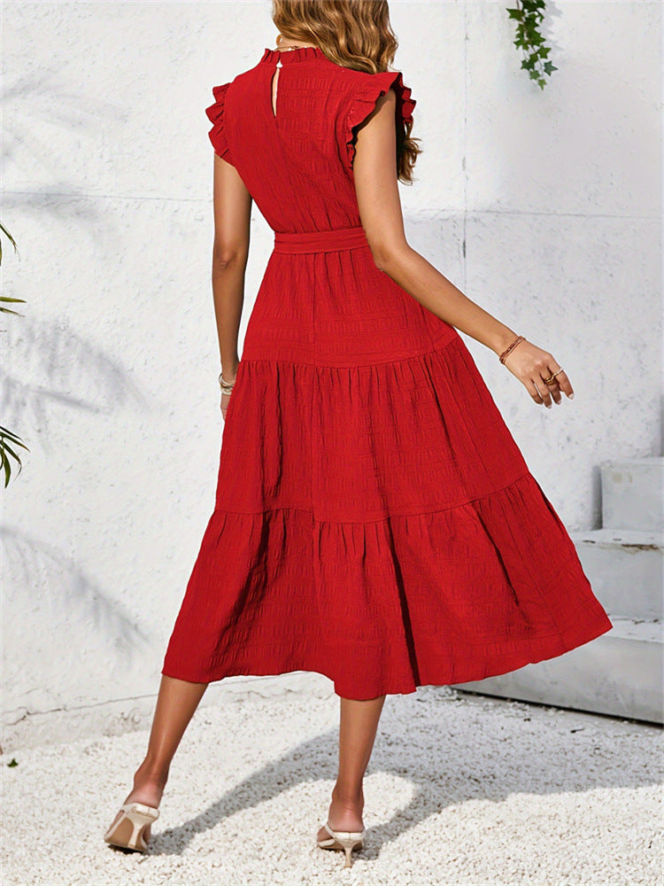 Textured Tiered Midi Dress with Ruffled Mock Neck and Tie Waist