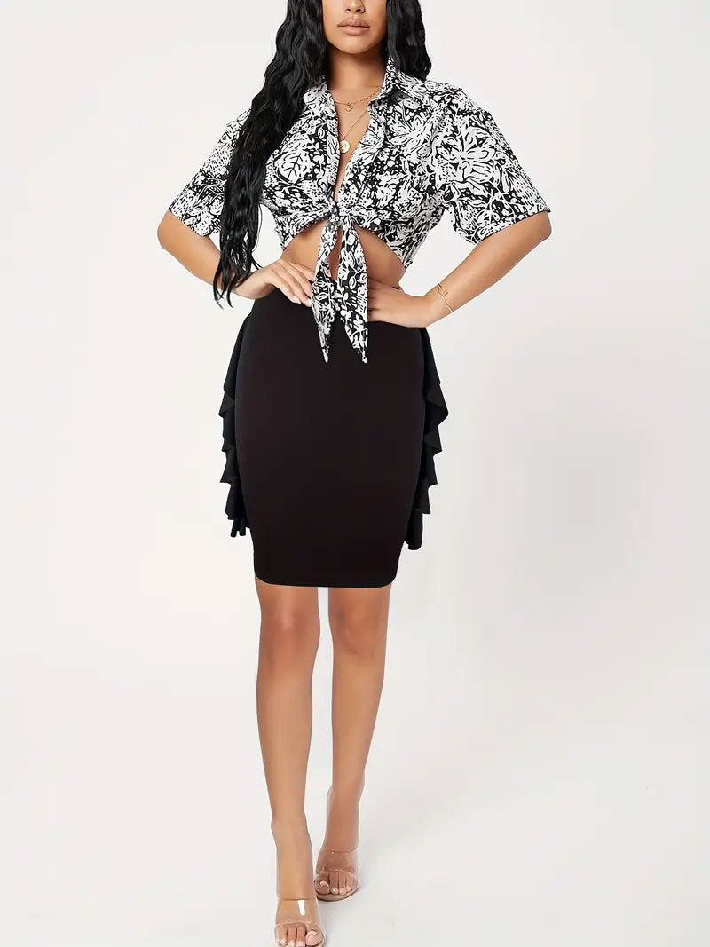 Knitted Bodycon Mini Skirt with Side Ruffles