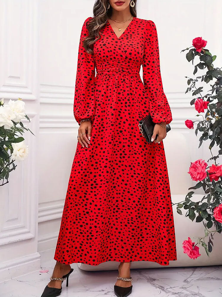 Spot Print Maxi Dress with V-Neck and Puff Sleeves
