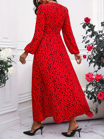 Spot Print Maxi Dress with V-Neck and Puff Sleeves