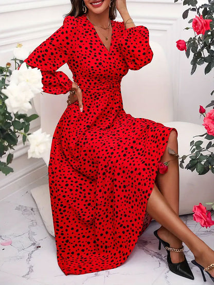 Spot Print Maxi Dress with V-Neck and Puff Sleeves