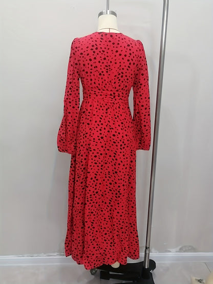 Spot Print Maxi Dress with V-Neck and Puff Sleeves