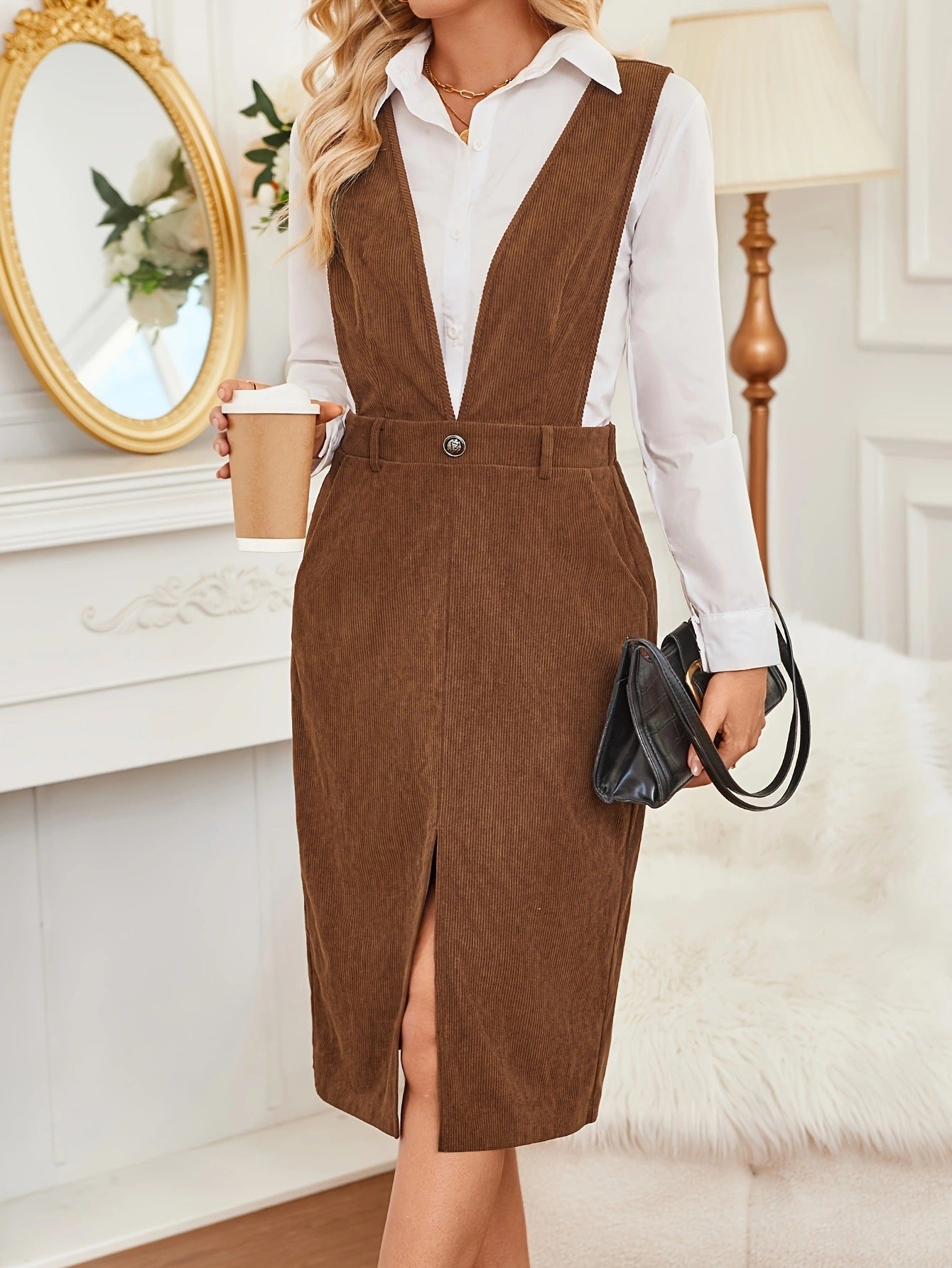 Corduroy Midi Overall Dress with Front Slit