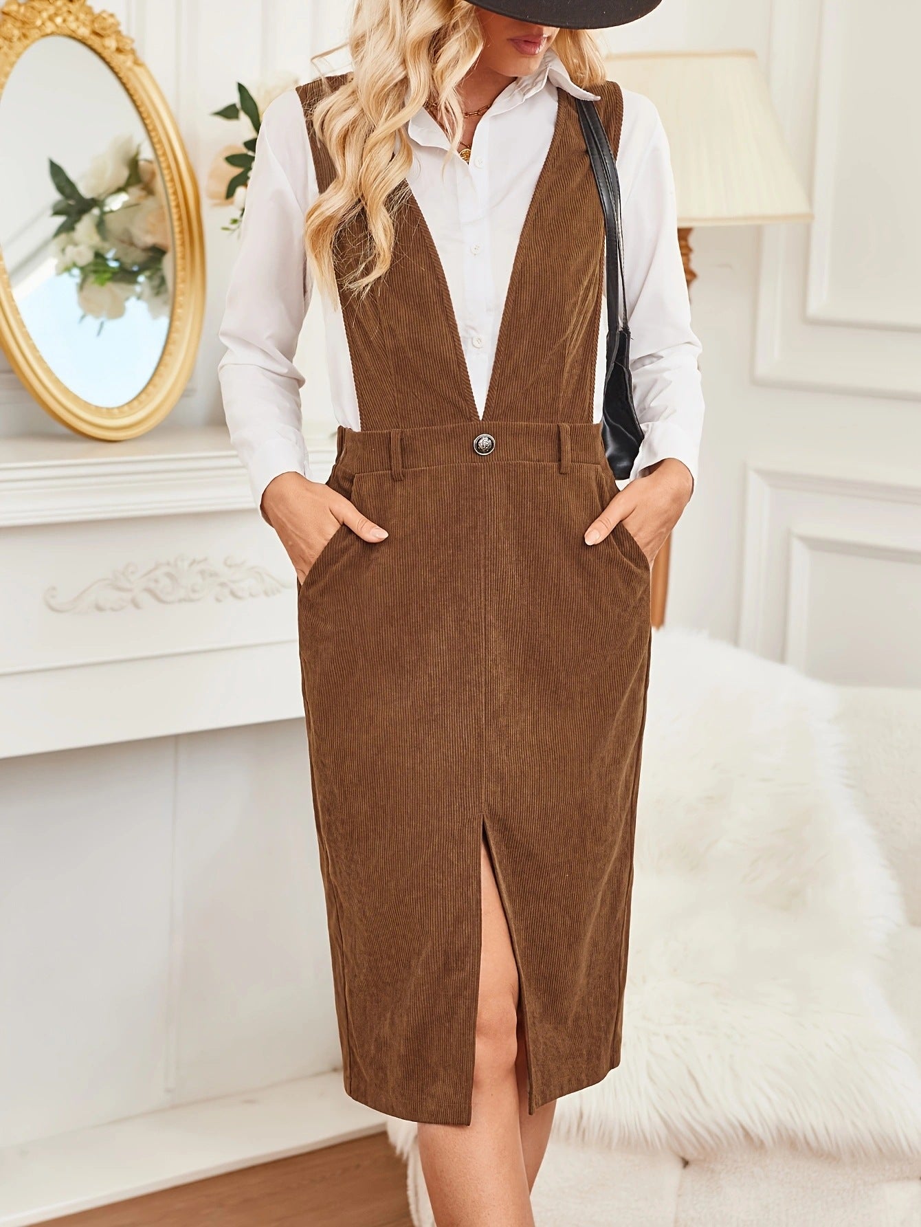 Corduroy Midi Overall Dress with Front Slit