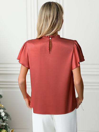 Solid Satin Blouse with Ruffled Mock Neck and Flutter Sleeves
