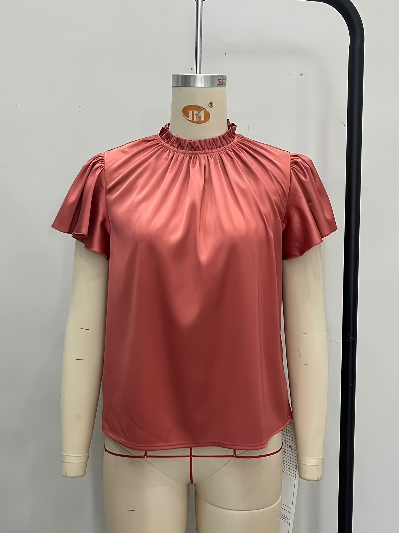Solid Satin Blouse with Ruffled Mock Neck and Flutter Sleeves