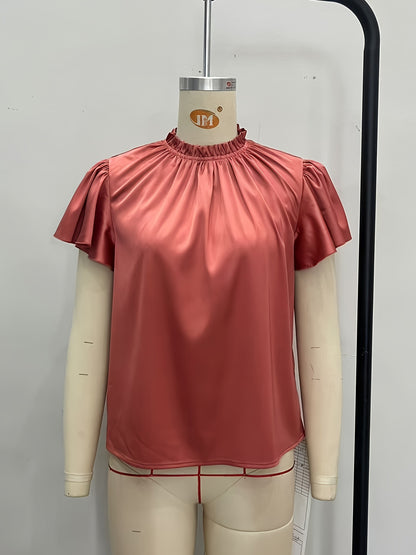 Solid Satin Blouse with Ruffled Mock Neck and Flutter Sleeves