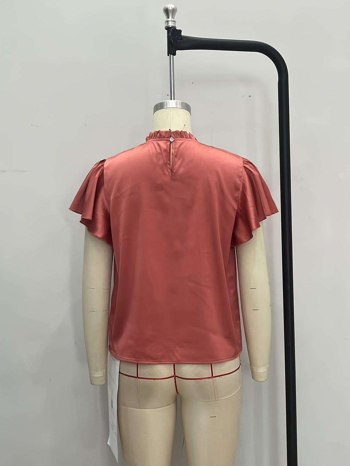 Solid Satin Blouse with Ruffled Mock Neck and Flutter Sleeves