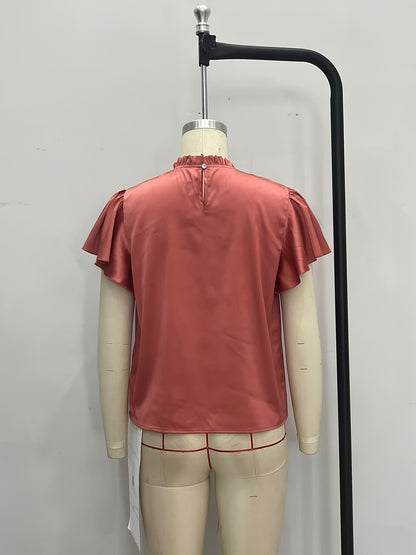 Solid Satin Blouse with Ruffled Mock Neck and Flutter Sleeves