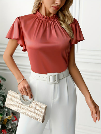 Solid Satin Blouse with Ruffled Mock Neck and Flutter Sleeves