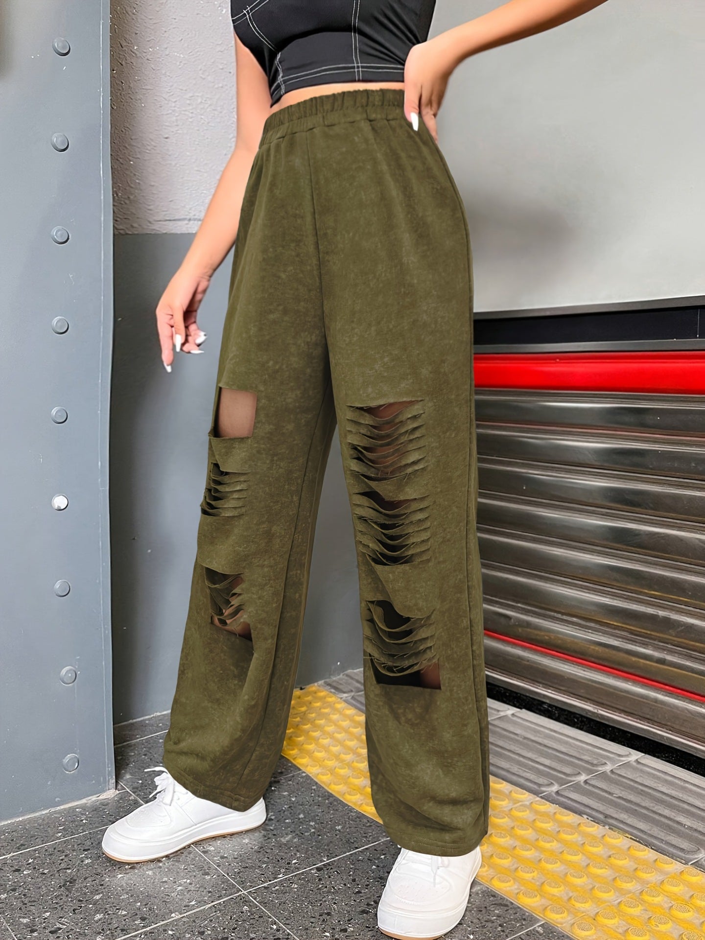 Knitted Wide-Leg Pants with Distressed Detail and Elastic High Waist