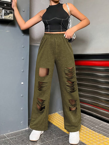 Knitted Wide-Leg Pants with Distressed Detail and Elastic High Waist