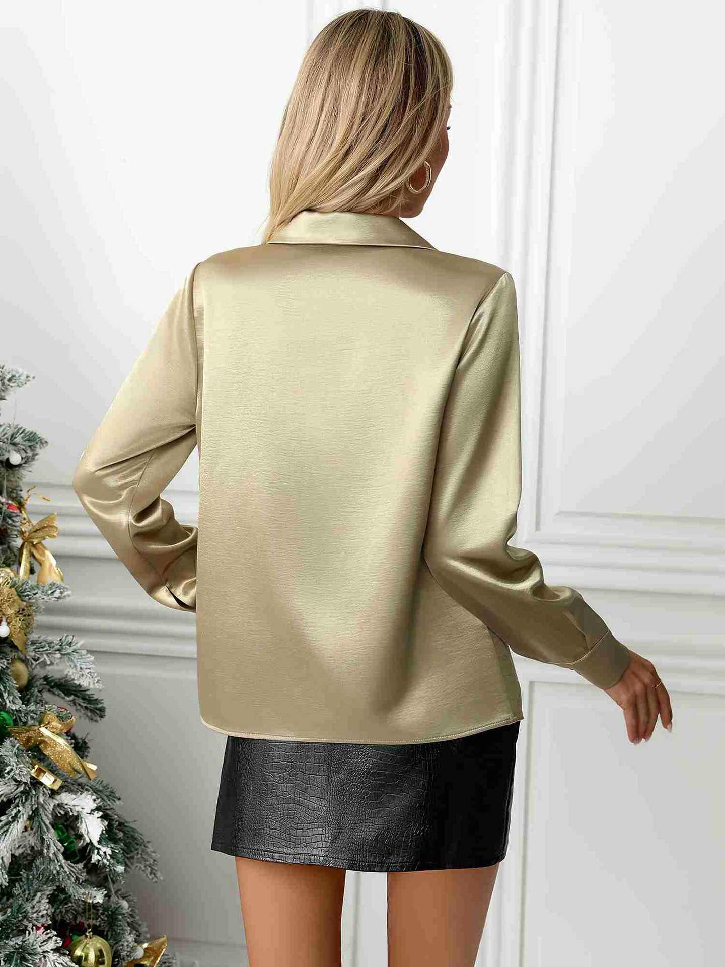 Solid Satin Button-Down Shirt with Classic Collar