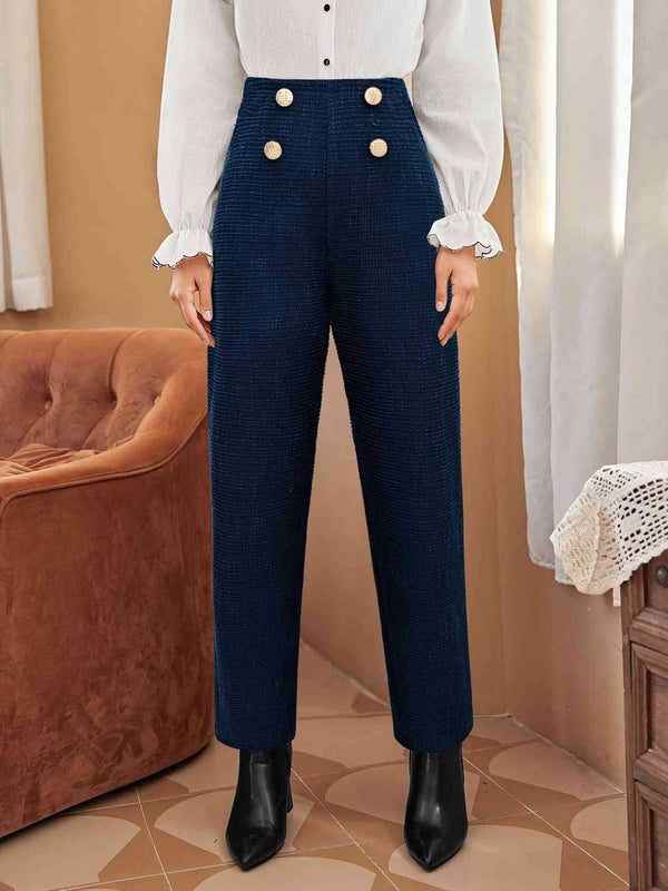 Textured Straight-Leg Trousers with High-Waist & Buttons