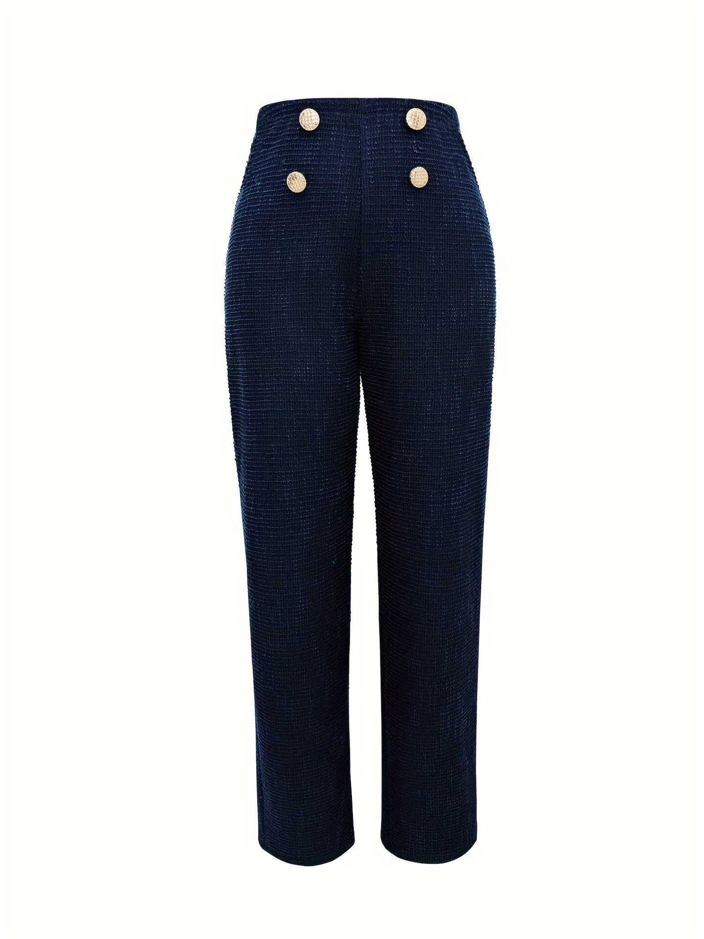 Textured Straight-Leg Trousers with High-Waist & Buttons
