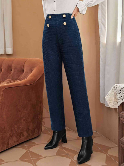 Textured Straight-Leg Trousers with High-Waist & Buttons