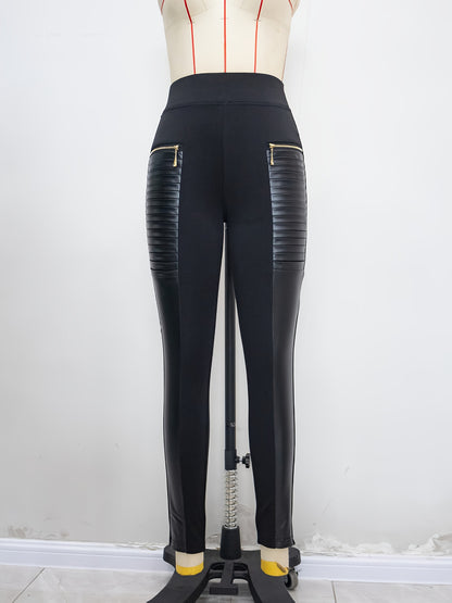 Slim-Fit Leggings with Zippered Pockets and Side Splicing