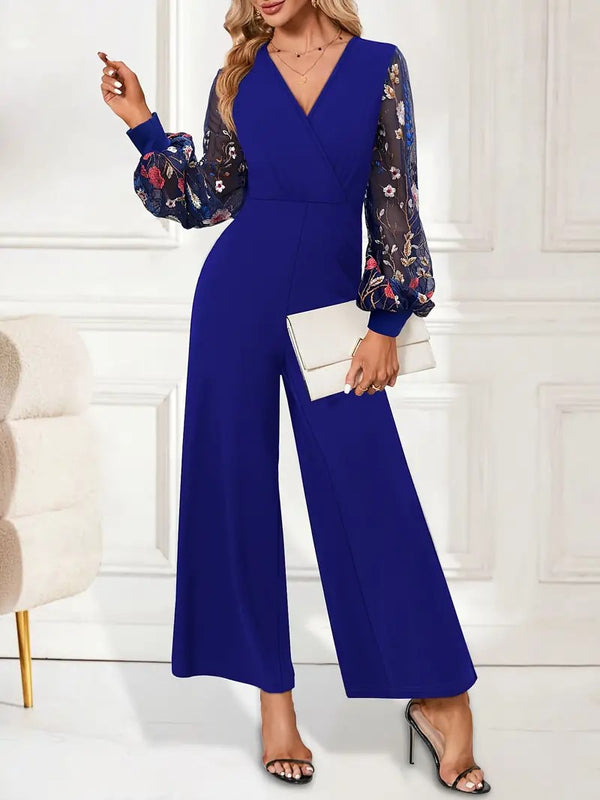 Jumpsuit with Wrap V-Neck and Embroidered Lantern Sleeves