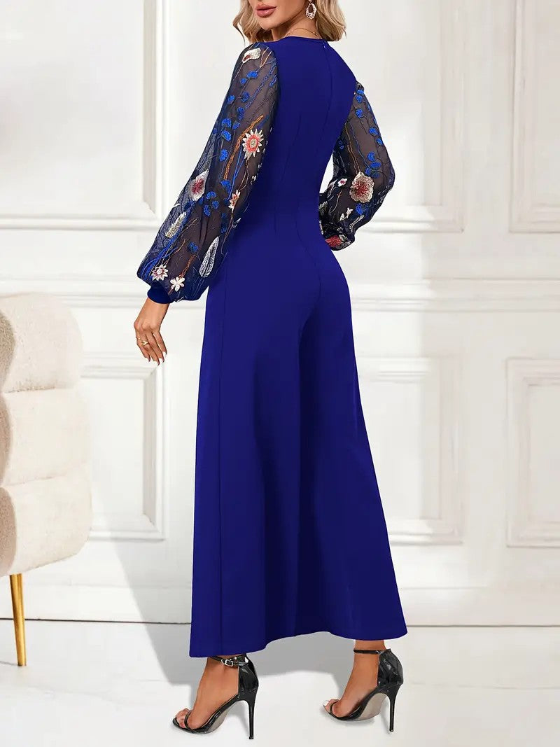 Jumpsuit with Wrap V-Neck and Embroidered Lantern Sleeves