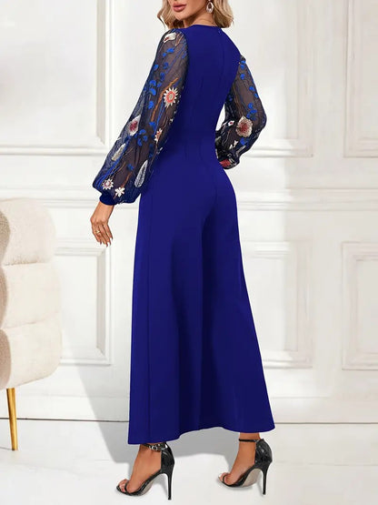 Jumpsuit with Wrap V-Neck and Embroidered Lantern Sleeves