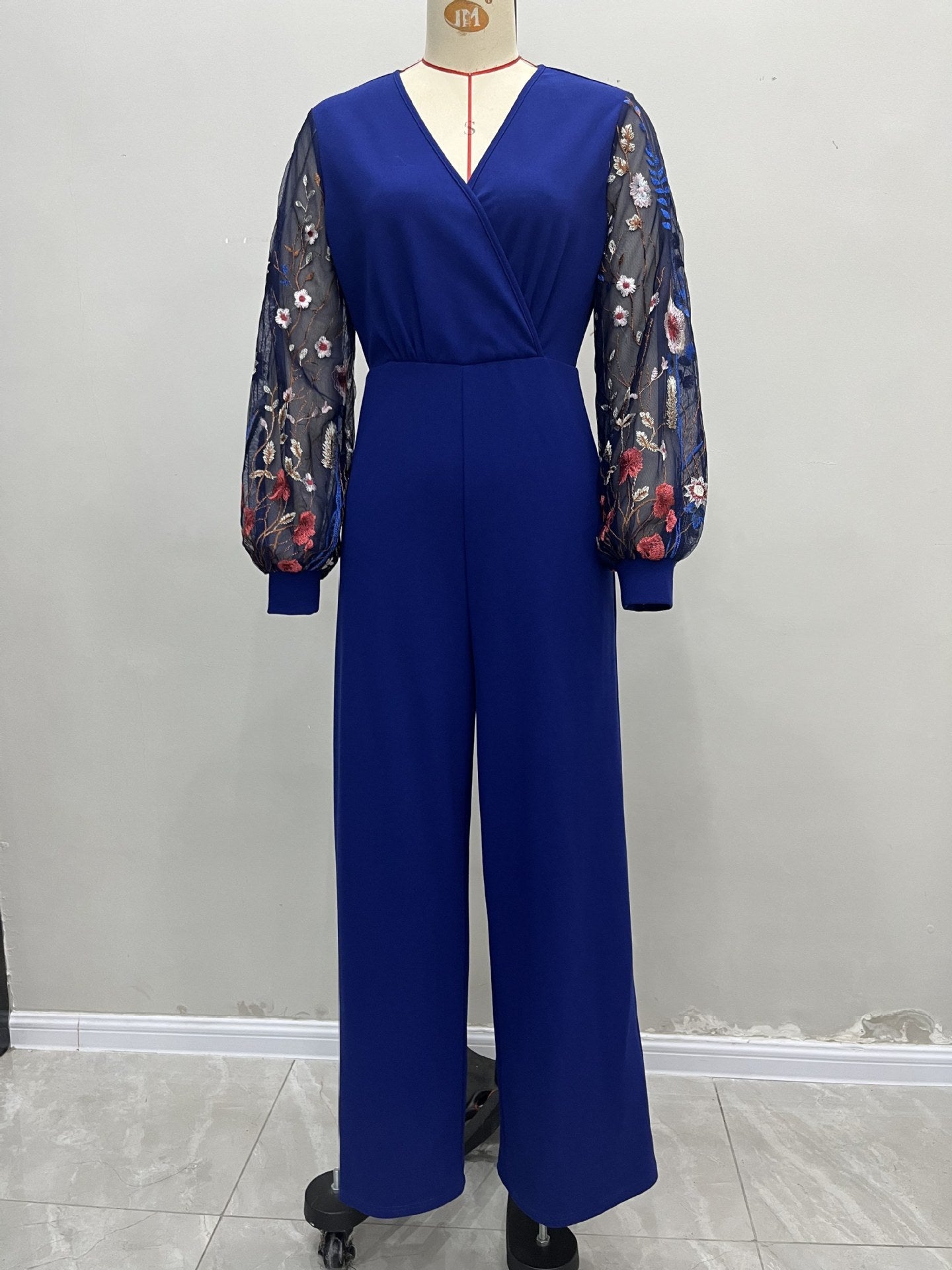 Jumpsuit with Wrap V-Neck and Embroidered Lantern Sleeves