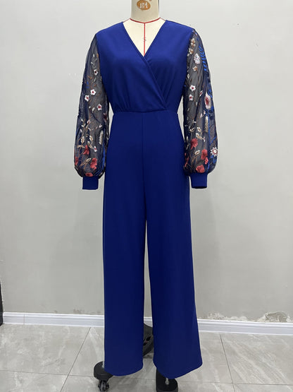 Jumpsuit with Wrap V-Neck and Embroidered Lantern Sleeves