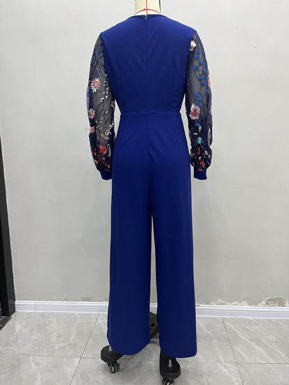 Jumpsuit with Wrap V-Neck and Embroidered Lantern Sleeves