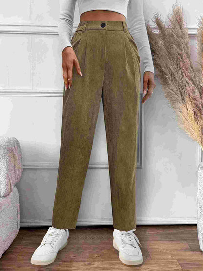 Straight-Leg Corduroy Pants with Elastic High Waist