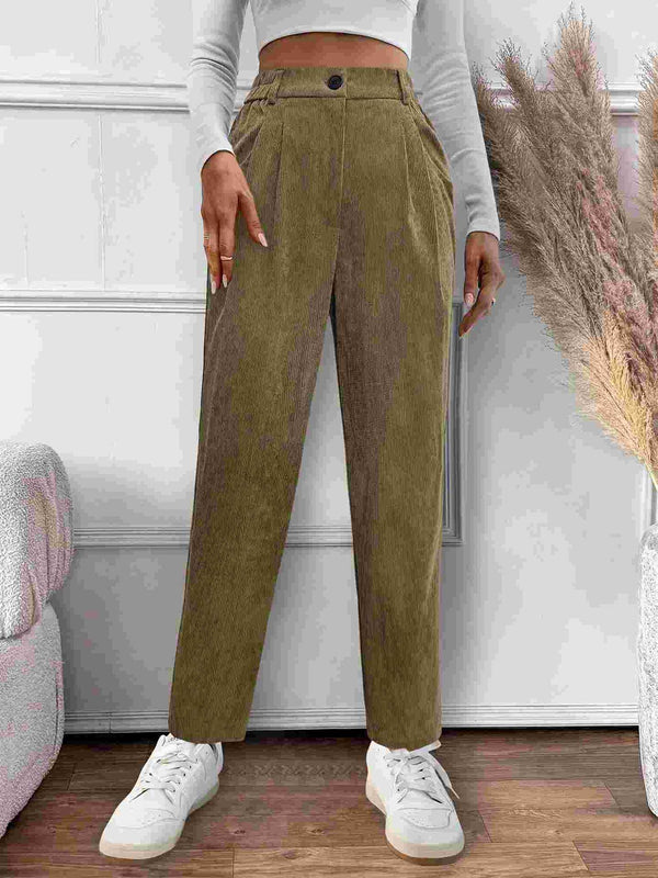 Straight-Leg Corduroy Pants with Elastic High Waist