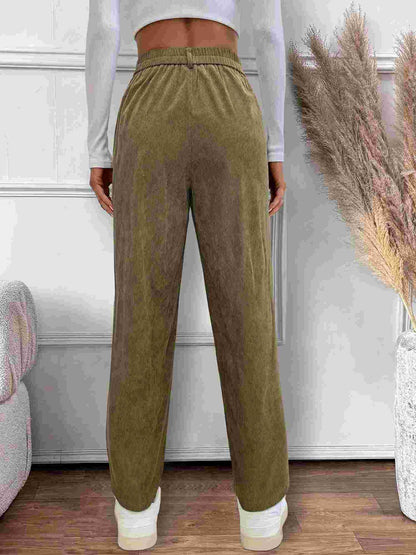 Straight-Leg Corduroy Pants with Elastic High Waist