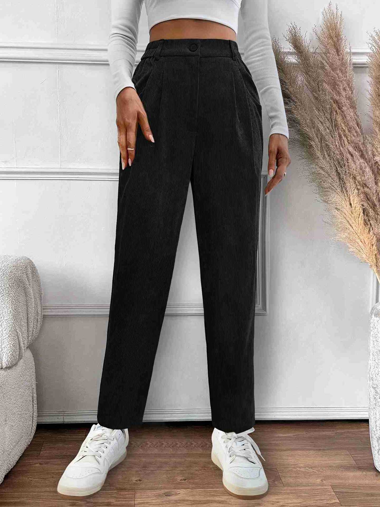 Straight-Leg Corduroy Pants with Elastic High Waist