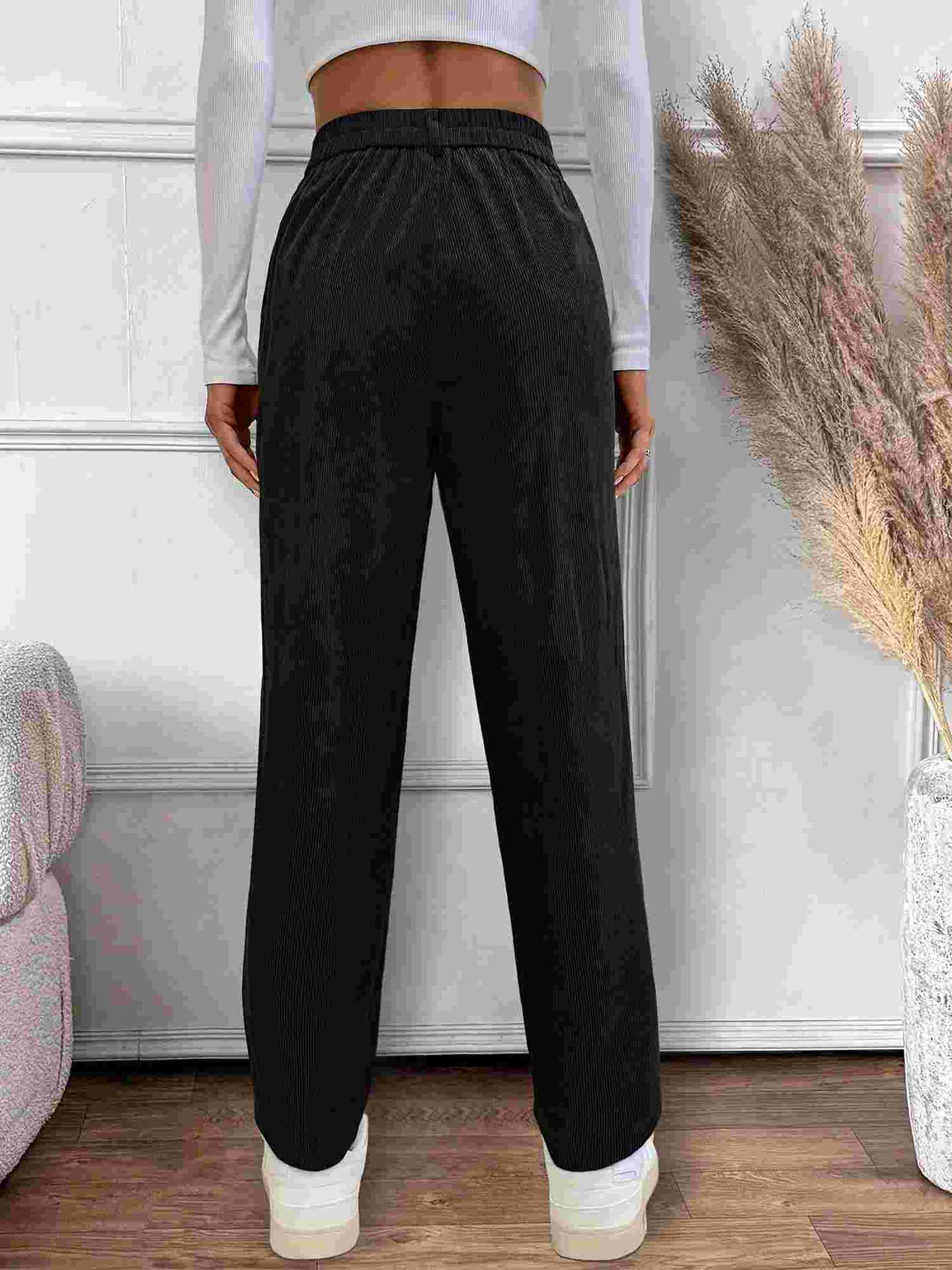 Straight-Leg Corduroy Pants with Elastic High Waist