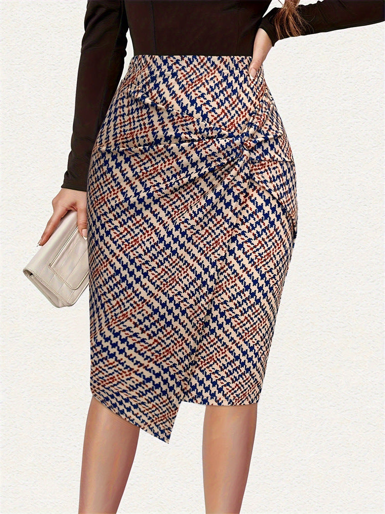 Grid Print Pencil Skirt with Twisted Front