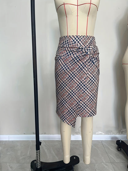 Grid Print Pencil Skirt with Twisted Front