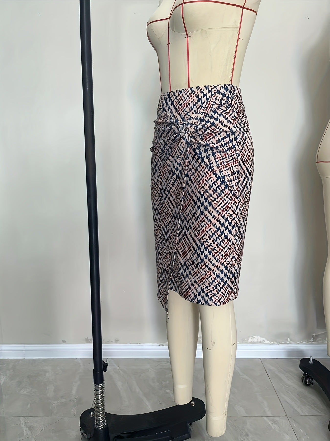 Grid Print Pencil Skirt with Twisted Front