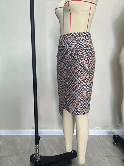 Grid Print Pencil Skirt with Twisted Front