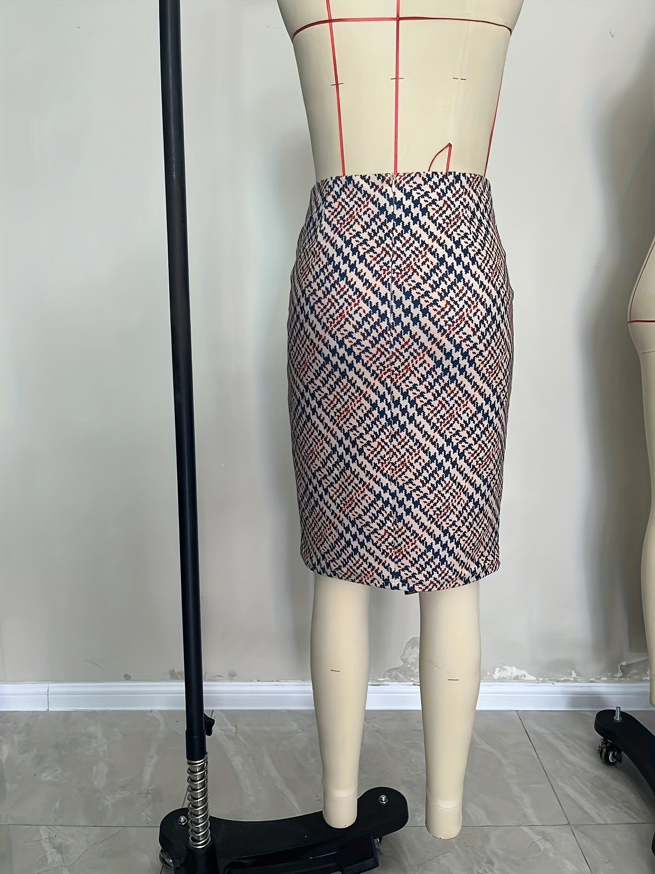 Grid Print Pencil Skirt with Twisted Front