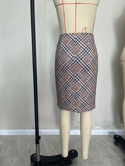 Grid Print Pencil Skirt with Twisted Front